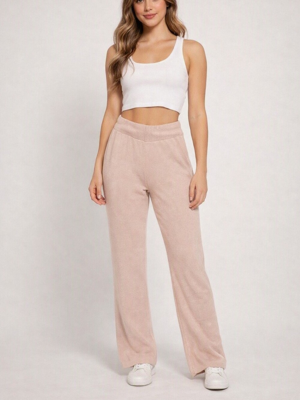 Pink Rose Soft Wide-Leg Knit Pants in Light Pink Size Small